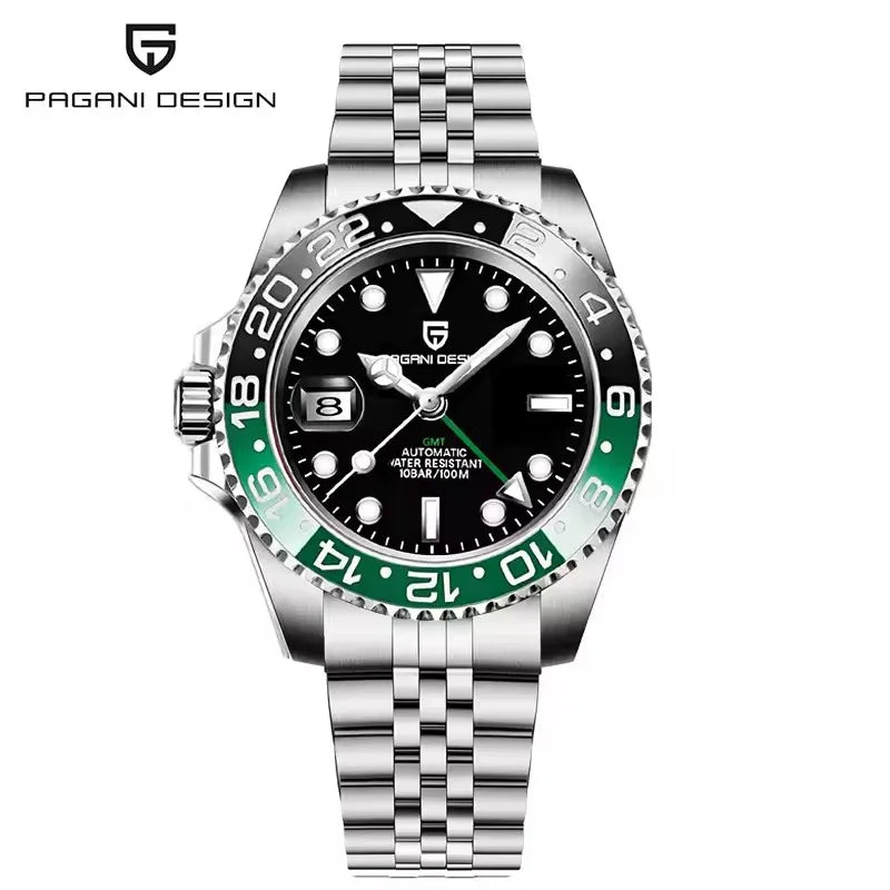 Montre mécanique pour homme PAGANI DESIGN (40 mm) – Cadran violet, fonction GMT, bracelet type Jubilee, verre saphir, étanche, mouvement automatique