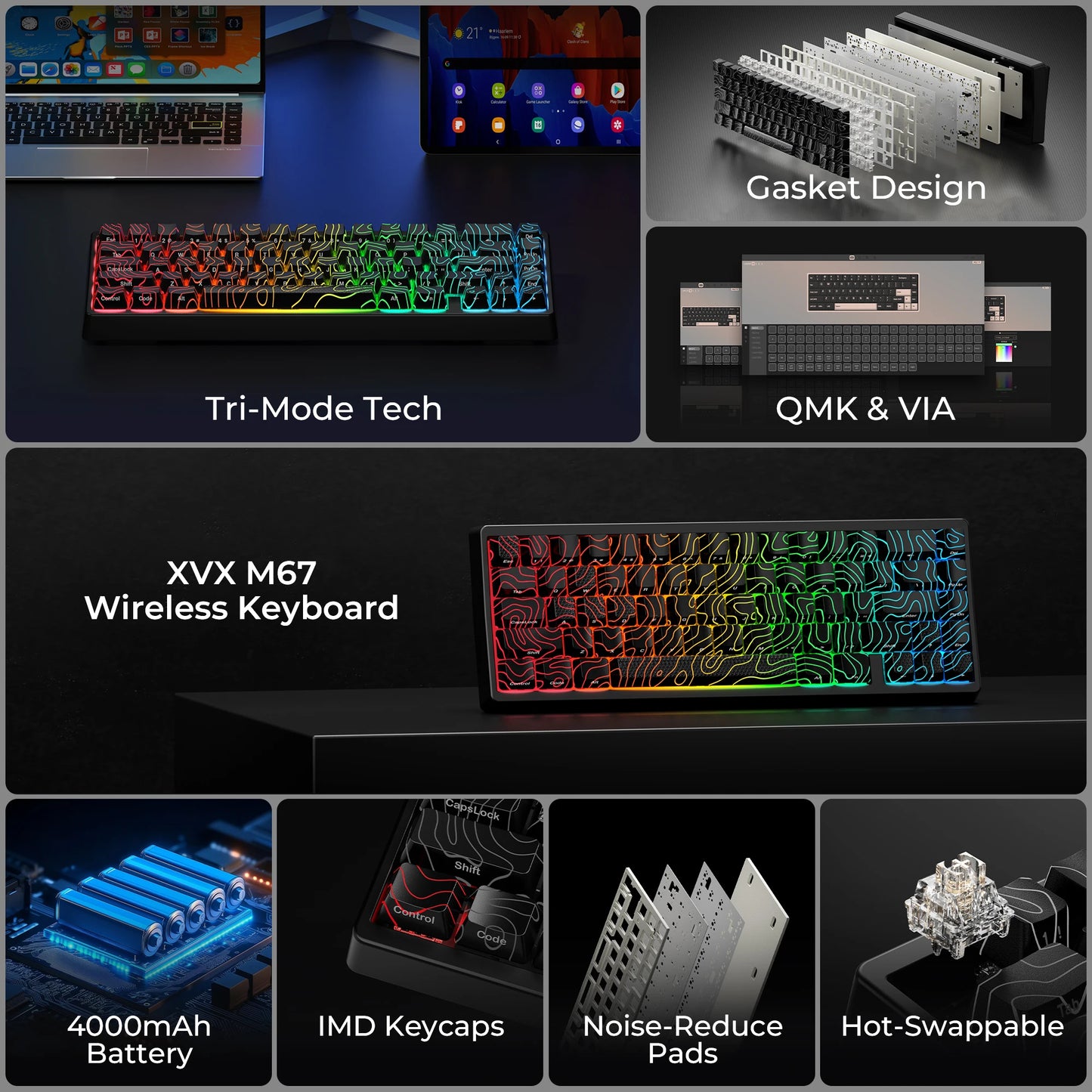 XVX Wireless Mechanical Keyboard M67 JadeStone With IMD-Tech Keycaps Tri-Mode Topographic White Gamer Keyboard Gasket Design