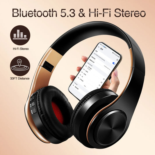 CATASSU Gold Bluetooth Wireless Headphones with Microphone, Stereo Headset, Bluetooth 5.3 Earphones, 40mm HiFi Sound, Foldable Headphones for Android & iOS