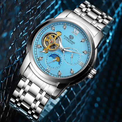 Pánské mechanické hodinky s automatickým nátahem značky Forsining – luxusní, businessový a módní styl, kovový náramek, tourbillon, luminiscenční ručičky, zdobené umělými diamanty