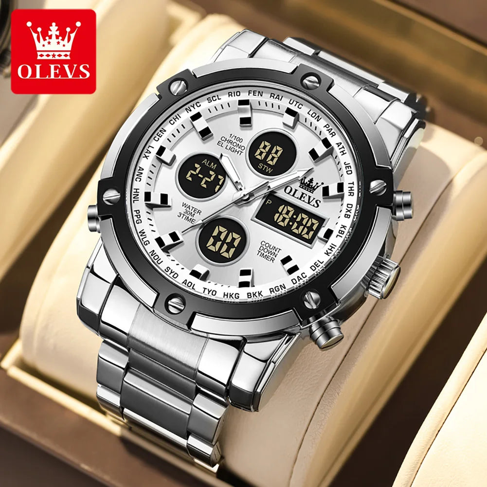 OLEVS Men’s Watch – Water-resistant stainless steel quartz wristwatch with LED display – Sporty and trendy style (model 1106)