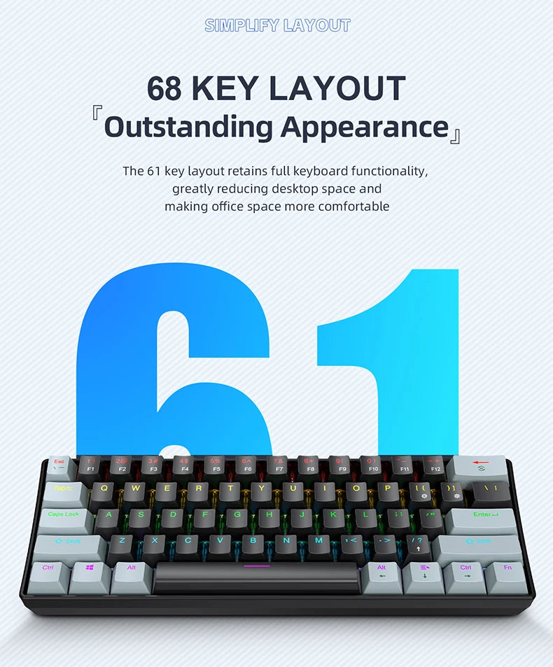 61 Keys RGB Mechanical Keyboard Wired K61 Mini Keyboard 60% Portable Black,White, Red/Blue Switch for Gaming\Work
