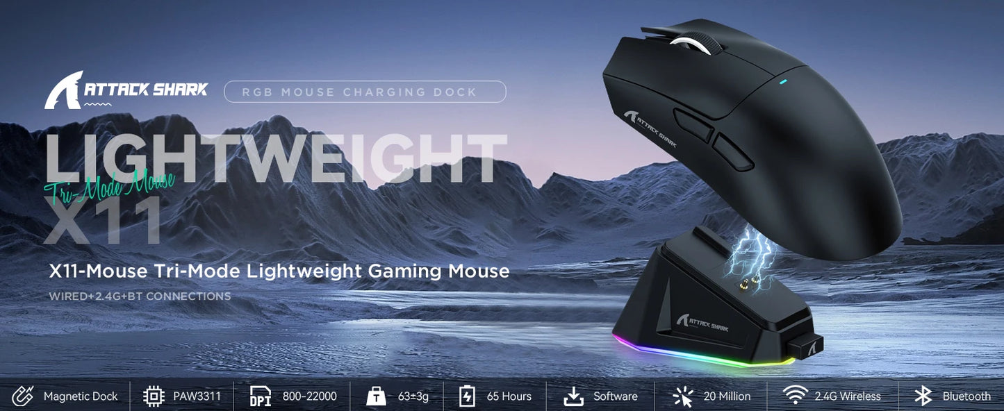 Attack Shark X11 hárommódú gaming egér mágneses töltődokkolóval, PixArt PAW3311 érzékelővel, 22K DPI, BT/2.4Ghz/vezetékes, PC/MAC-hez