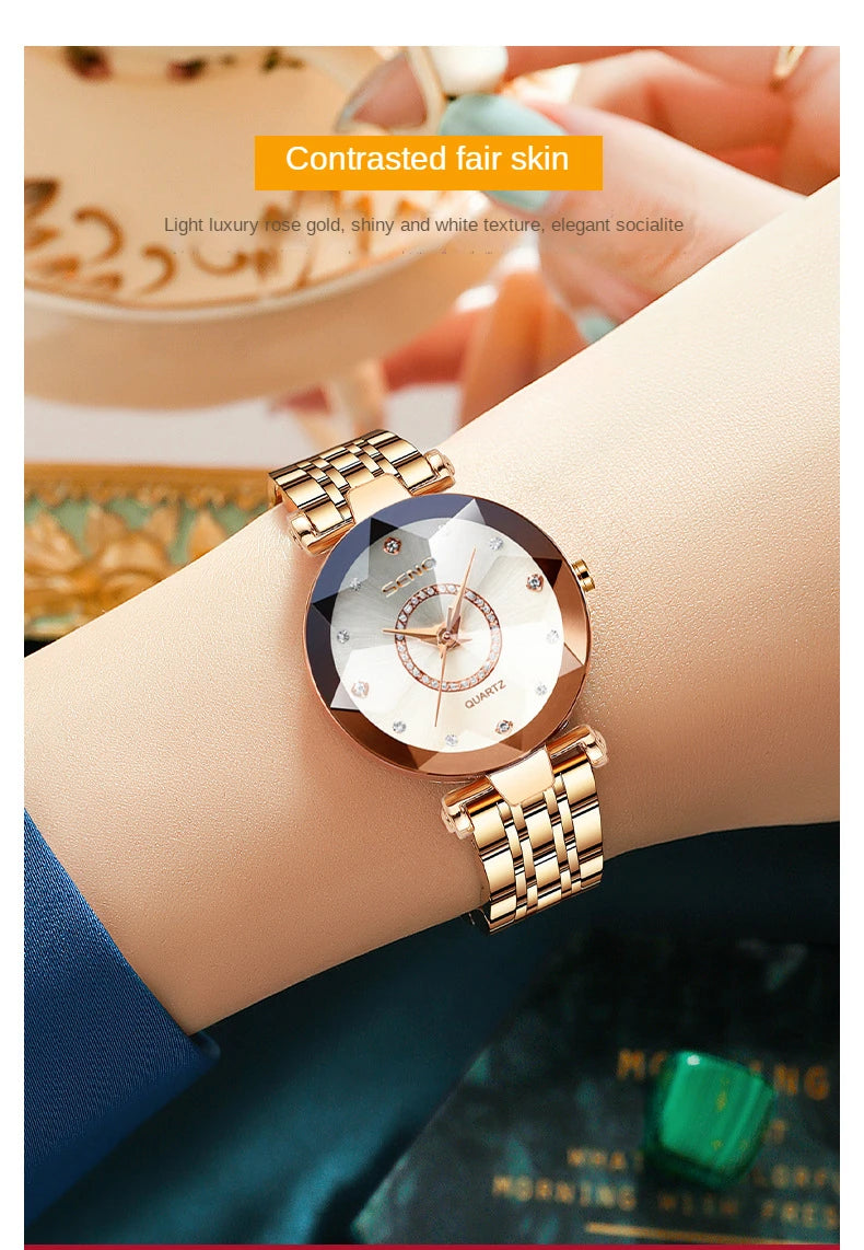 SENO Ocean Star Women Crystal Watch 2025 Top Brand Luxury Rose Gold Women Bracelet Watch For Ladies Wrist Watch Relogio Feminino