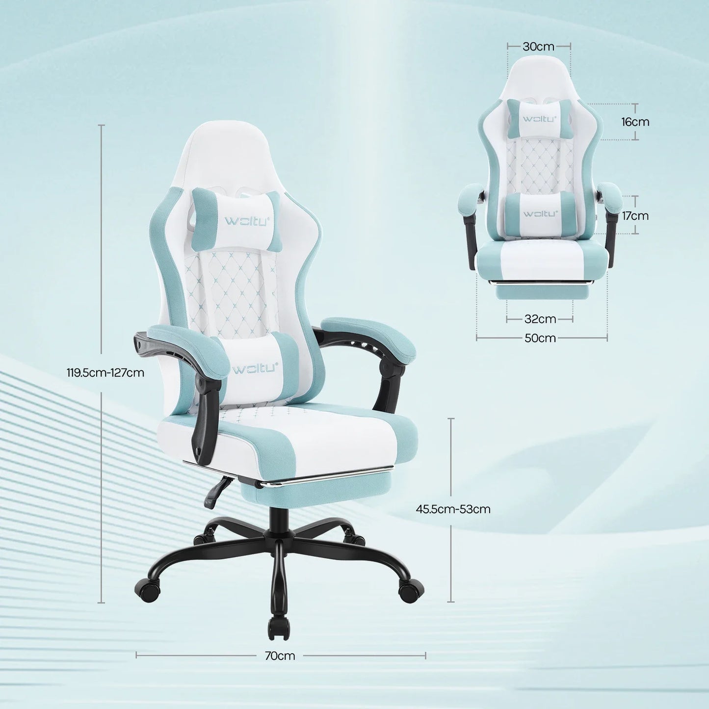 WOLTU snurrbar datorstol med massagefunktion, ergonomisk kontorsstol med kudde och fotstöd, höjdjusterbar gamingstol