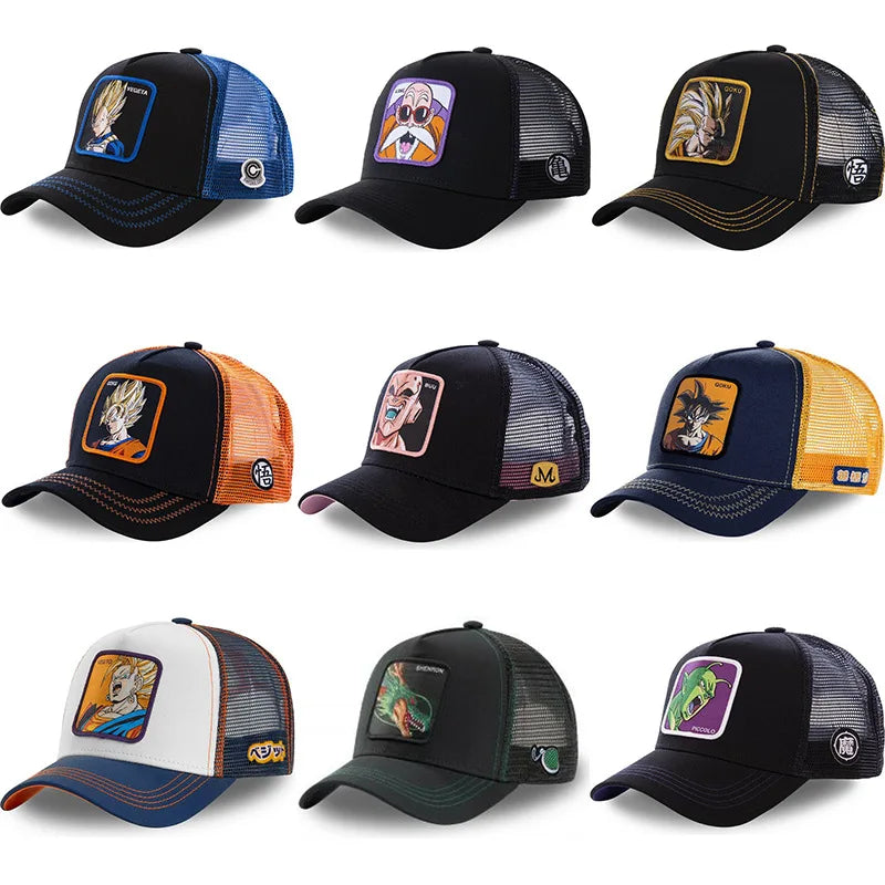Casquette Dragon Ball Son Goku pour l'été : casquette de voyage à visière, pour homme, brodée, style hip-hop, visière pare-soleil, casquette trucker ajustable en maille