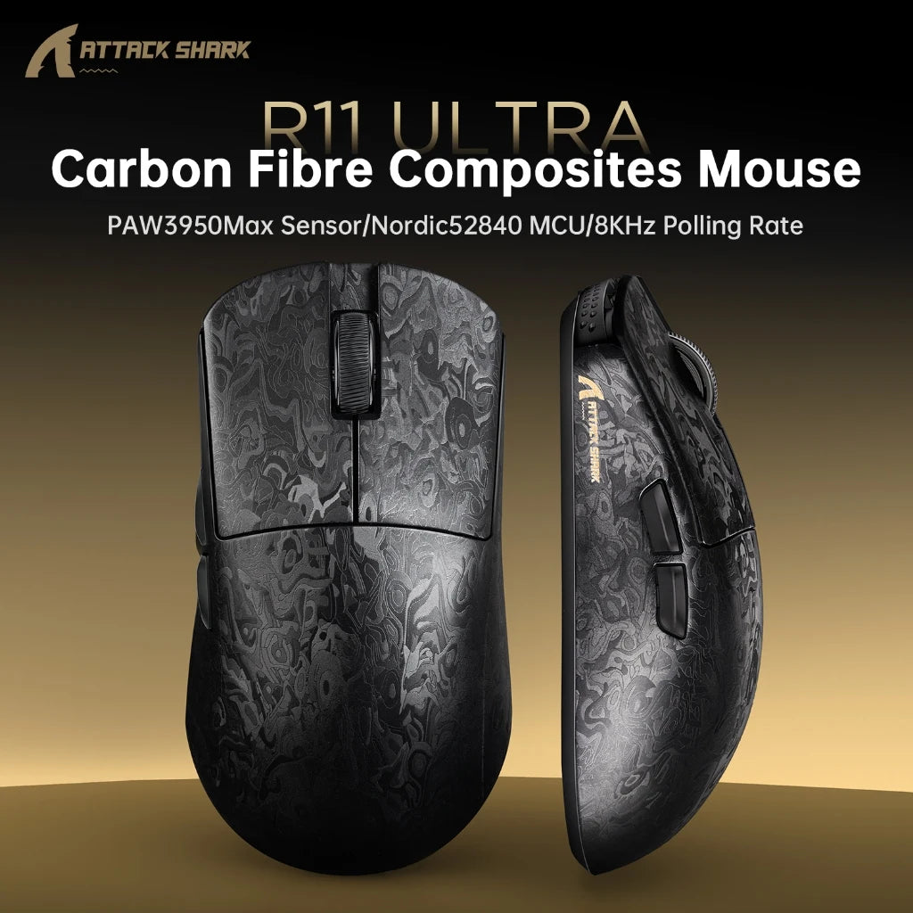 Attack Shark R11 Ultra 8K Carbon Fiber Gaming Mouse, PAW3950MAX, 49g Ultra-Lightweight, Wireless 8000Hz Polling,Tri-Mode