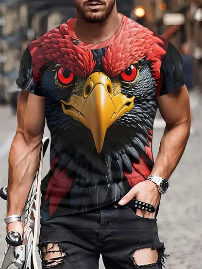 T-shirt para Homem com Novo Padrão de Águia Cool, Estampado 3D de Águia em Chamas, Streetwear de Verão, Manga Curta, Tops e T-shirts para Homem