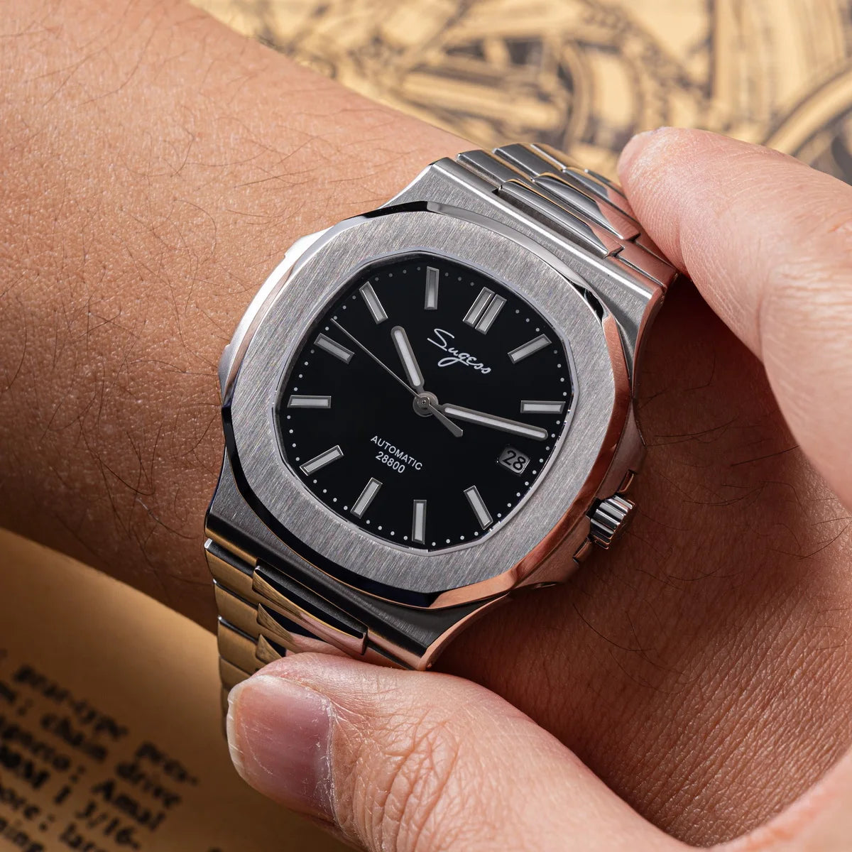 Sugess Men's Watch Automatic Mechanical Wristwatch Miyota 9015 Movement MOP Dial Luminous Waterproof 5bar Bracelet Luxury S466