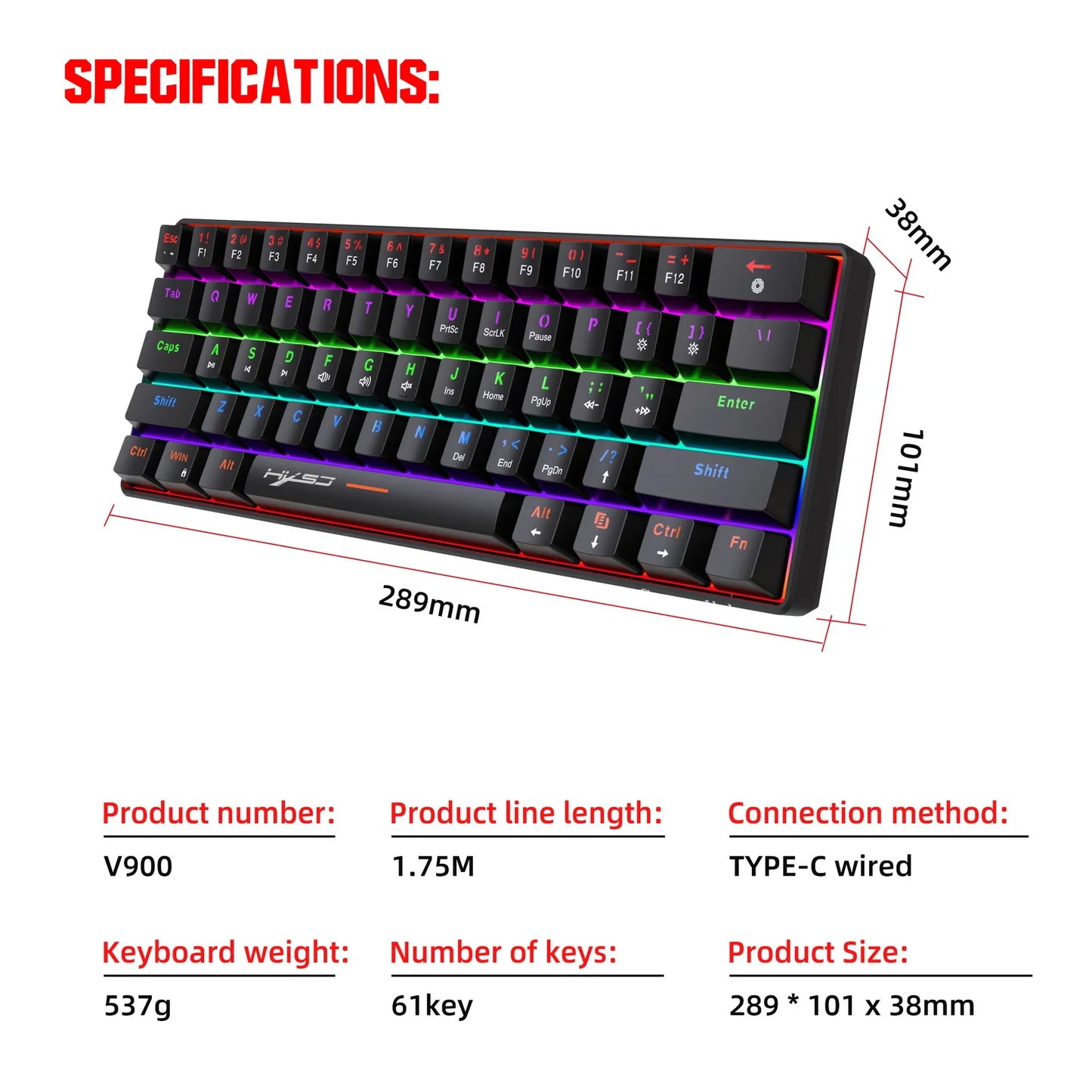 Mechanical keyboard 61 keys Colorful Wired USB Keyboards gamer gaming 60% Backlit Computer key board Pc teclado Ergonomic office