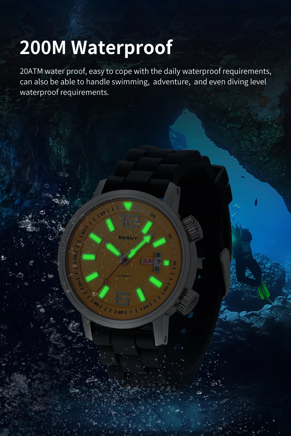 BERNY 20ATM Diver Automatic Mechanical Watch for Men Super Luminous Waterproof Swimming Dive Wristwatch Sapphire Self Winding