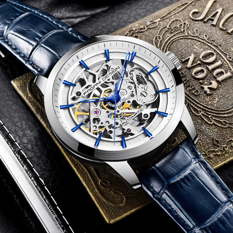 PAGANI DESIGN 2026 New Skeleton Men's Mechanical Watches Top Luxury Automatic Watch Men Blue Leather Waterproof Wrist watch Men