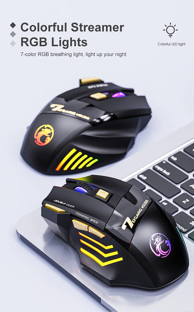 Ratón gaming inalámbrico USB IMICE GW-X7 3200DPI de doble modo, recargable, 7 teclas, 2.4Ghz, silencioso, Bluetooth, LED de respiración de 7 colores