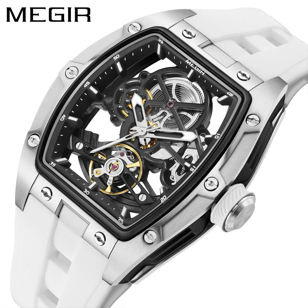 MEGIR mechanisch herenhorloge, tonvormig, opengewerkte skeletwijzerplaat, sportieve stijl, siliconen band, luxe automatisch horloge