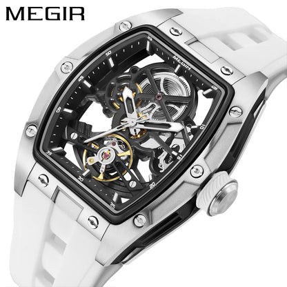 MEGIR mechanisch herenhorloge, tonvormig, opengewerkte skeletwijzerplaat, sportieve stijl, siliconen band, luxe automatisch horloge