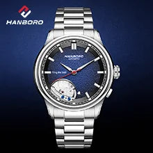Orologio meccanico da uomo HANBORO – Movimento automatico, sveglia, suoneria oraria, impermeabile fino a 100 m, vetro zaffiro, cassa in acciaio, stile elegante e unico.