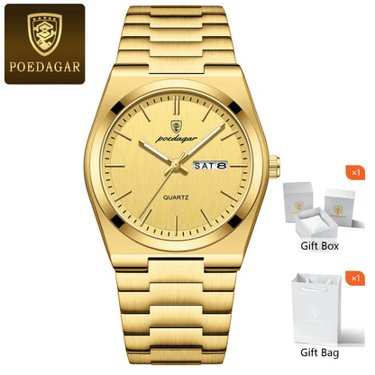 POEDAGAR Fashion Men Watch Waterproof Luminous Date Week Men's Watches Stainless Steel Functional Man Quartz Watch with Gift Box