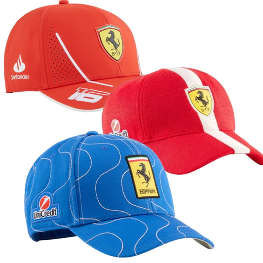 2025 Ferrari Monza Special Edition Blue Hat, 24 Year Leclerc 16 Hat, 25 Year Chinese GP Hat