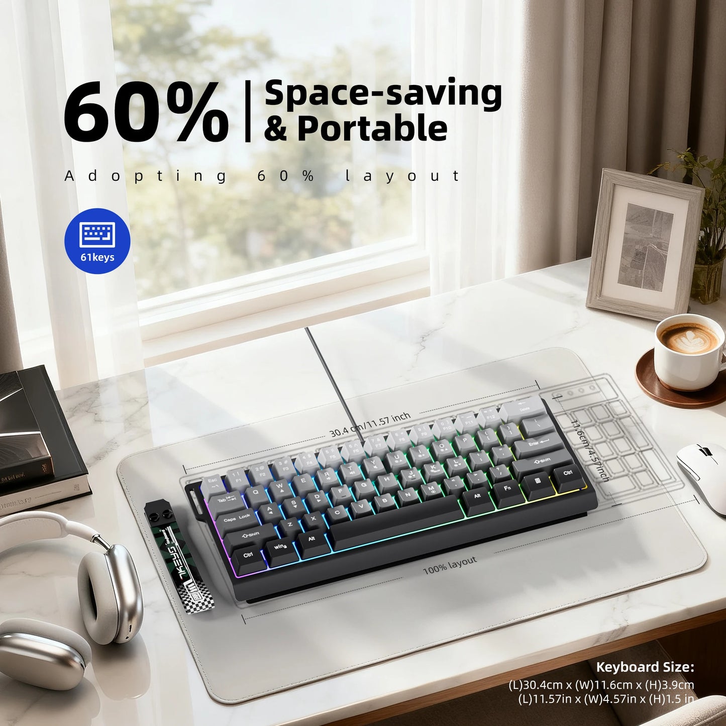 60% compact wired keyboard with RGB backlighting and gradient-colored keycaps, suitable for Windows tablets, laptops and gamers.