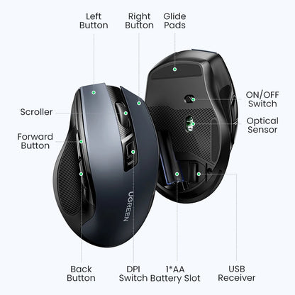 UGREEN Langaton Bluetooth 5.0 -hiiri, ergonominen 4000DPI, 6 hiljaista painiketta, MacBookille, tabletille, kannettaville tietokoneille, tietokoneelle ja PC:lle, 2.4G-hiiri