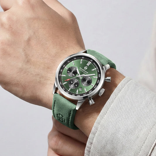 GOLDENHOUR Luxus-Herrenuhr – Quarz-Chronograph, grünes Zifferblatt, Lederarmband, wasserdicht, leuchtend, im militärischen und sportlichen Stil