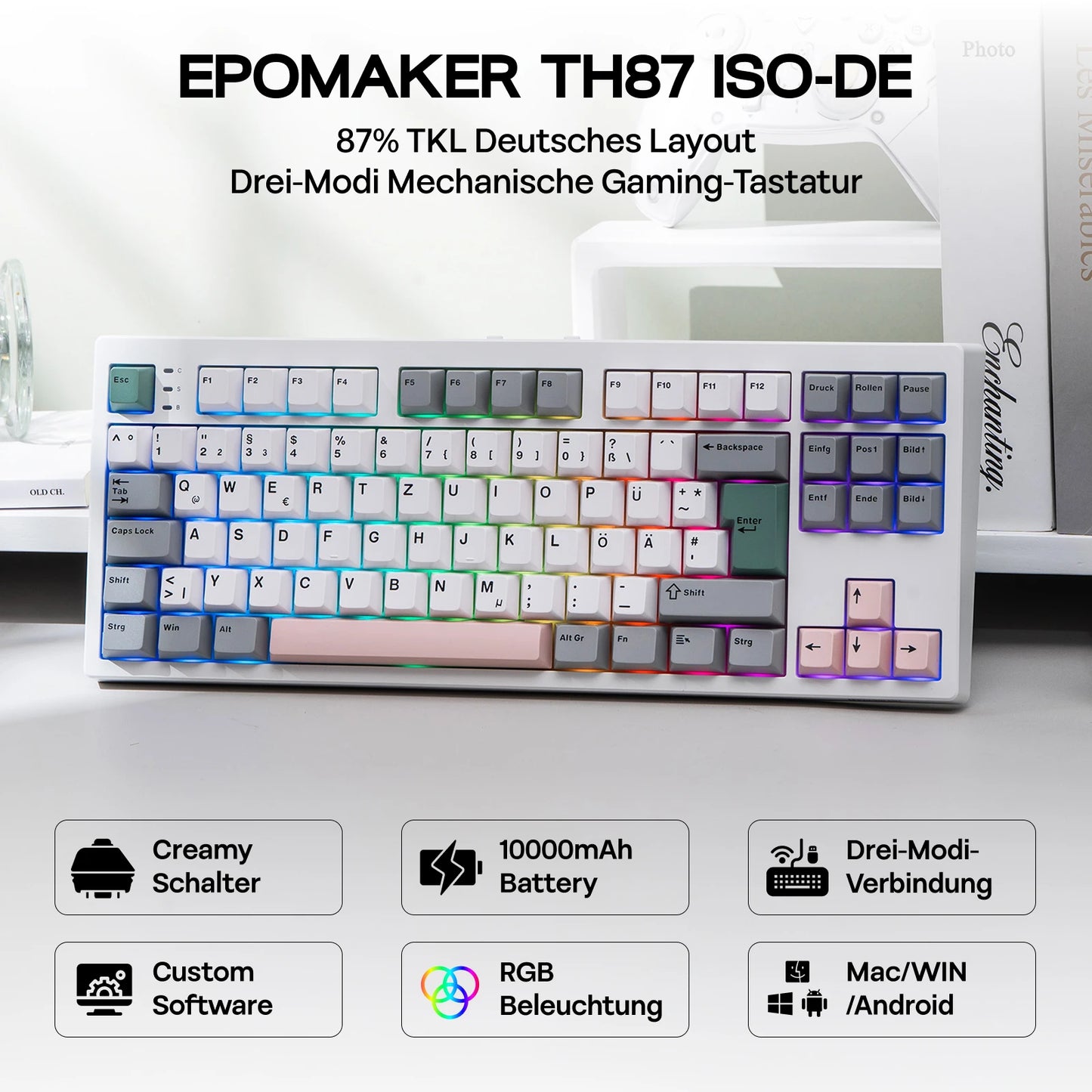 EPOMAKER TH87 ISO-DE Tenkeyless TKL Layout Wired/Bluetooth/2.4 GHz Wireless Mechanical Keyboard with 10000mAh Battery for PC/Mac