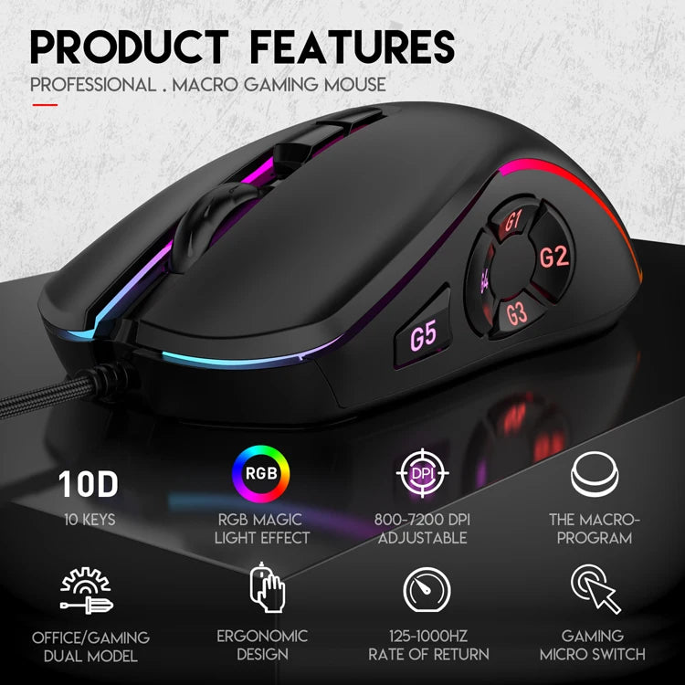 Vezetékes gamer irodai egér 7200DPI RGB háttérvilágítással, 6 állítható DPI-szinttel/10 programozható gombbal/asztalra visszalépő gombbal