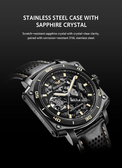 BORIAGE(BOAIJIUA) Men's Fully Automatic Mechanical Watch Original Design Cut out 50m Water Resistant Luminous Wristwatch