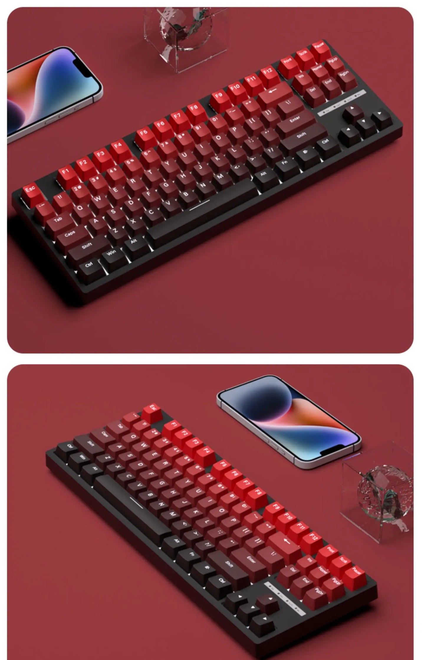 Neue Keycaps für 60/64/84/98/108 Gaming-Mechaniktastaturen mit MX-Switches, 135 Tasten, OEM PBT, seitlich graviert, Farbverlauf in Rot und Schwarz