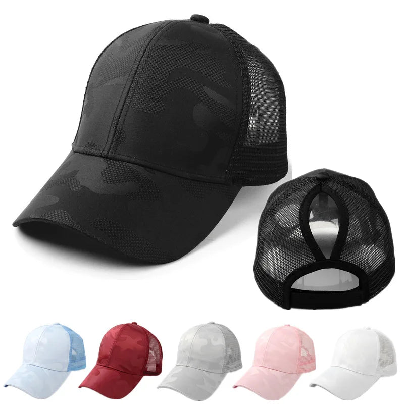Women's Camouflage Ponytail Baseball Cap  Breathable Mesh Back  Adjustable Snapback  High Ponytail Outdoor Sports Trucker Hat