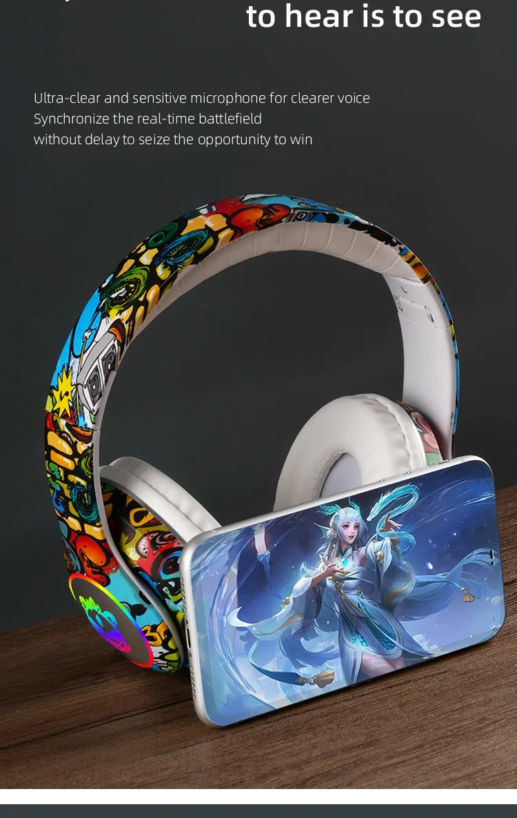 New Graffiti Wireless Bluetooth Gaming Headset LX-8686 with Mic, LED Light, TF Card Support, Deep Bass Over-Ear Headphones for PC, Gaming & Kids