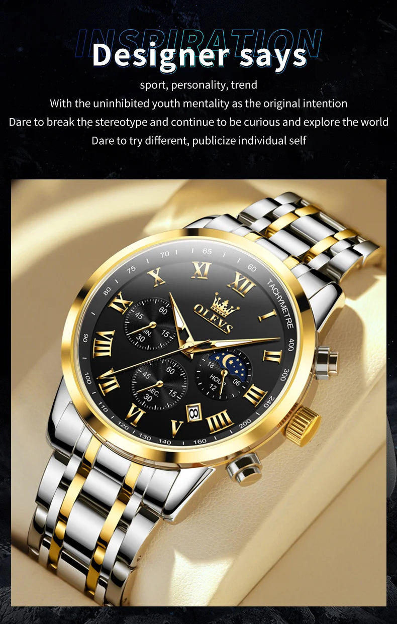 OLEVS 5529 Top-Luxusmarke Herrenuhr wasserdicht leuchtend Edelstahl Mondphase Timing Code Uhr neue Quarz-Herrenuhr