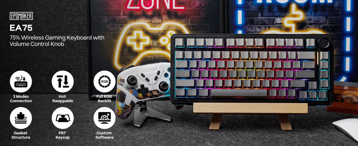 EPOMAKER EA75 75% US QWERTY Layout Hot-Swap Gasket-Mounted Wired/2.4GHz/Bluetooth Wireless Mechanical Keyboard RGB Backlight
