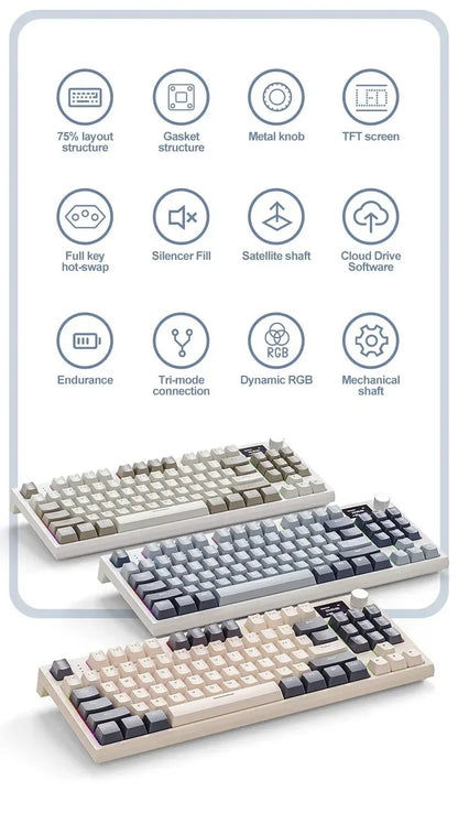 Attack Shark K86 Wireless Mechanical Keyboard, TFT Display, Metal Knob,RGB Backlit, Hot-Swappable, Bluetooth for Gaming & Office