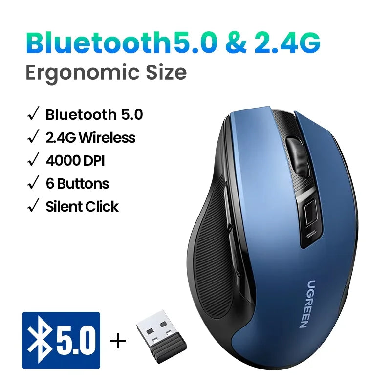 Безжична мишка UGREEN Bluetooth 5.0, ергономична 4000DPI, 6 безшумни бутона, за MacBook, таблети, лаптопи, компютър и PC, 2.4G