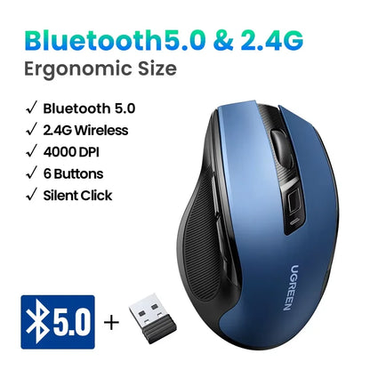 Безжична мишка UGREEN Bluetooth 5.0, ергономична 4000DPI, 6 безшумни бутона, за MacBook, таблети, лаптопи, компютър и PC, 2.4G