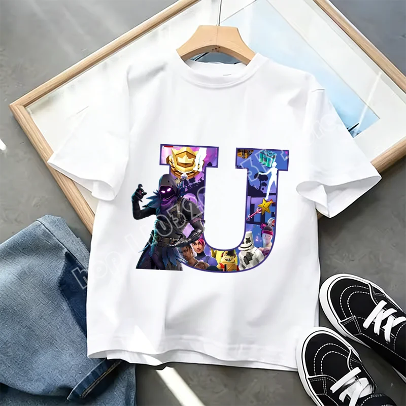 Fortnite A-Z Alphabet Print T Shirt Summer Kids White Clothing Popular Cartoon Game T Shirt Fashion Casual Short Sleeve Top Gift