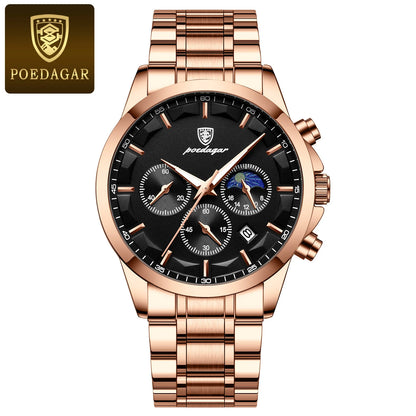 Luxus-Herrenarmbanduhr POEDAGAR, im Militärstil, wasserdicht, mit Leuchtzeiger, Chronograph, aus Edelstahl, Quarzwerk, inklusive Verpackung.