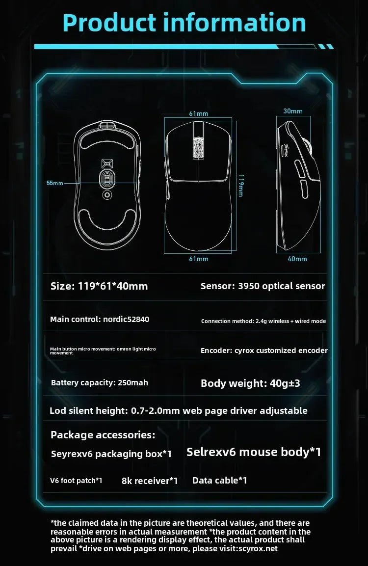 SCYROX V6 Wireless Gaming Mouse 40g Ultra-Light, PAW3950 Sensor, 24,600 DPI, 8KHz Polling Rate, 750 IPS, 2.4GHz Esports Gaming Mouse