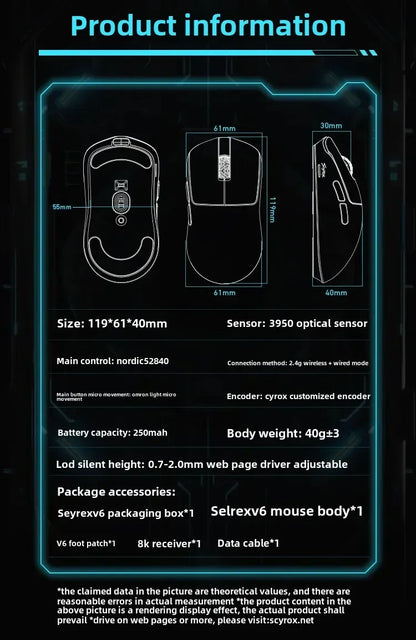 SCYROX V6 Wireless Gaming Mouse 40g Ultra-Light, PAW3950 Sensor, 24,600 DPI, 8KHz Polling Rate, 750 IPS, 2.4GHz Esports Gaming Mouse