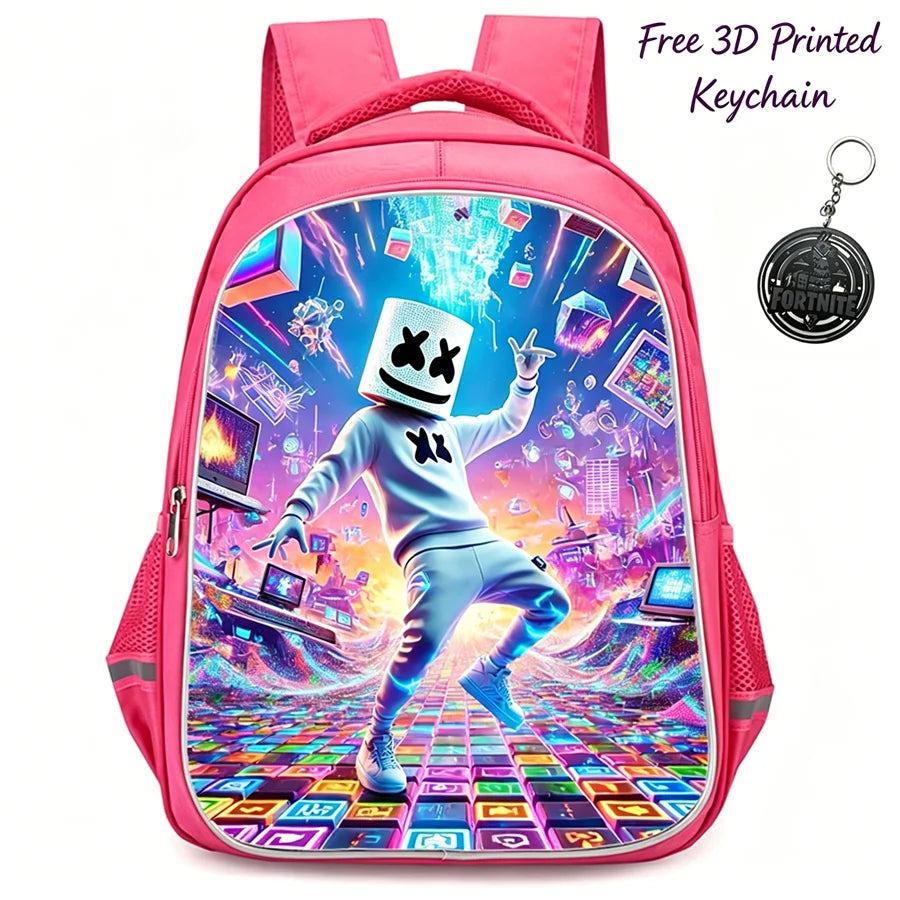 Mochila FORTNITE de 16 polegadas, resistente e leve, bolsos duplos com fecho, estilo cartoon para rapazes e raparigas dos 6 aos 10 anos, porta-chaves 3D impresso grátis