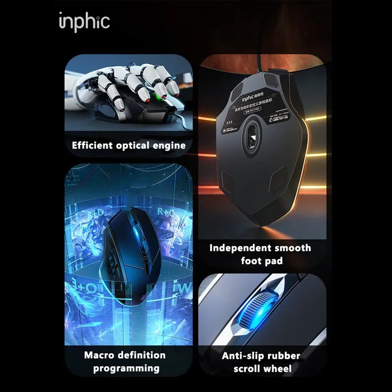 Káblová myš Inphic W1 Esports Gaming Mouse s programovateľnými makrami, nastaviteľným DPI a tichým chodom do kancelárie