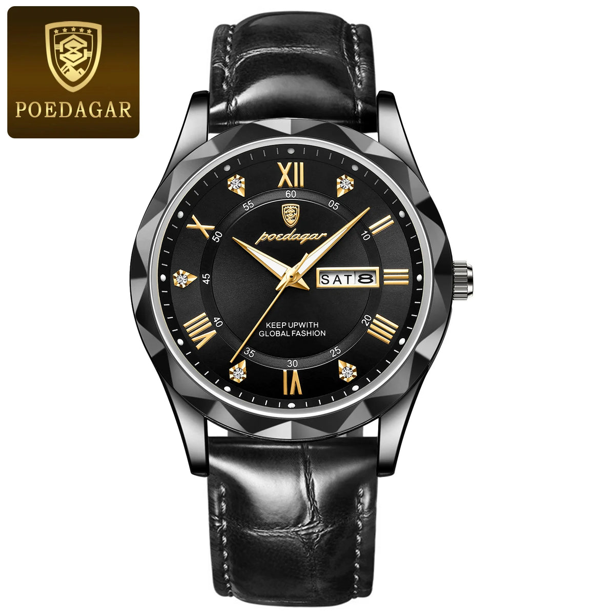 Relógio de homem POEDAGAR, modelo original de luxo: estanque, luminescente, com indicação da data e do dia. Relógio de quartzo com um estilo clássico e profissional, equipado com uma bracelete em pele.
