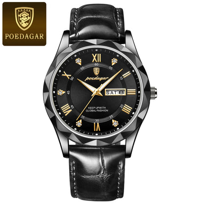 Relógio de homem POEDAGAR, modelo original de luxo: estanque, luminescente, com indicação da data e do dia. Relógio de quartzo com um estilo clássico e profissional, equipado com uma bracelete em pele.