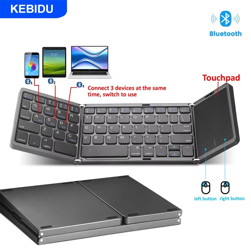 3-Folding Keyboard Mini Wireless Keyboard Foldable Dual Bluetooth Keyboard with Touchpad for Windows Android IOS iPad Phone
