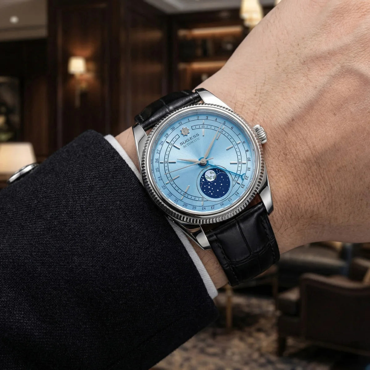 Sugess 40mm Watch of Men Moonphase Automatic ST2108 Movement Sapphire Crystal Mechanical Wristwatches Waterproof Date 2024 New