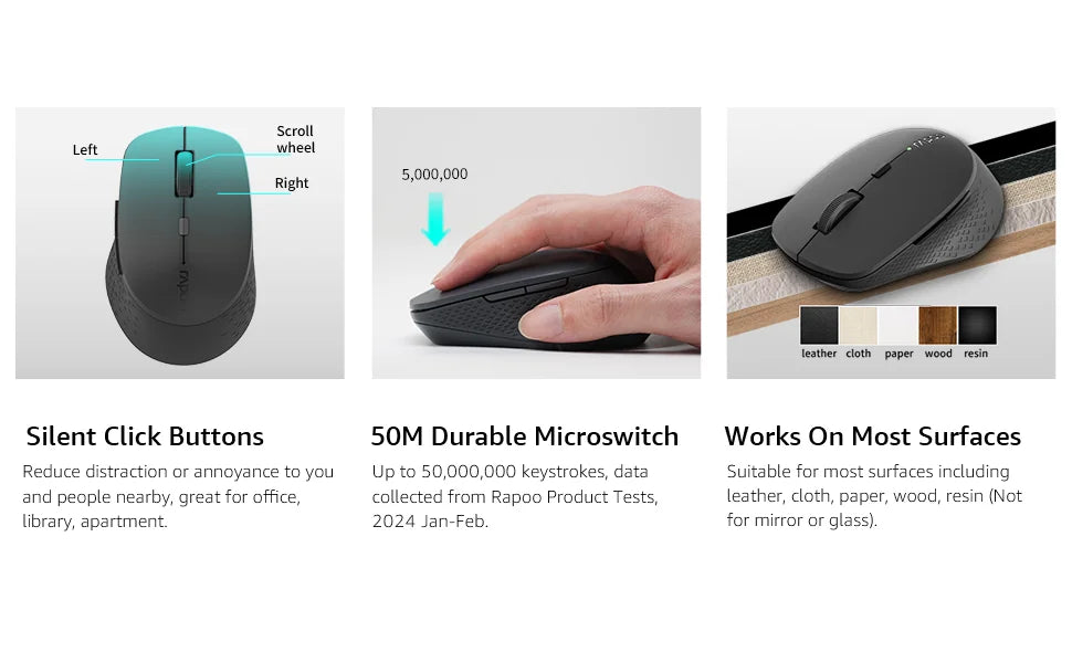 Rapoo M300G Multi-Mode 2.4G Wireless and Bluetooth 4.0/5.0 Wireless Mouse 2400DPI Ergonomic Silent Mouse for Computer PC Laptop