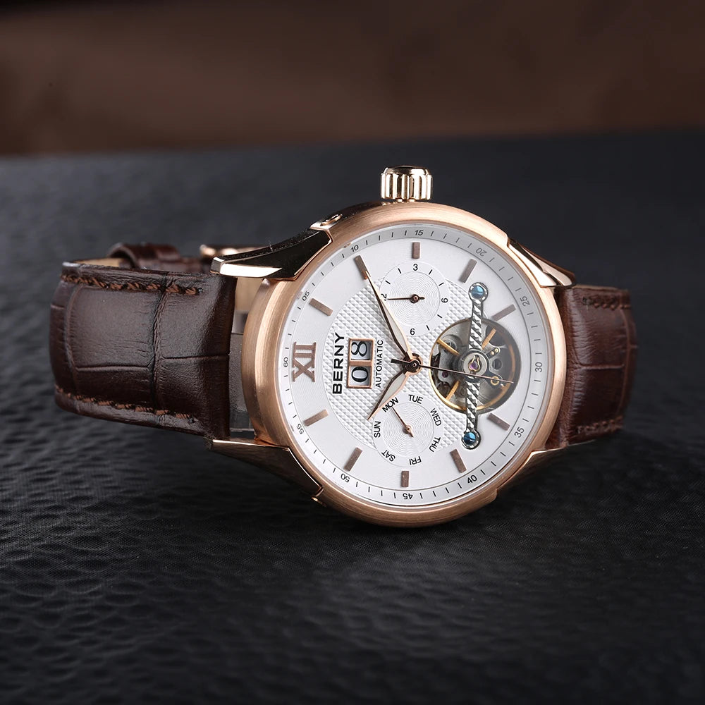 BERNY Automatic Watch for Men Auto Self-wind Mechanical Watches Date Skeleton 5ATM Luxury Male Wristwatches