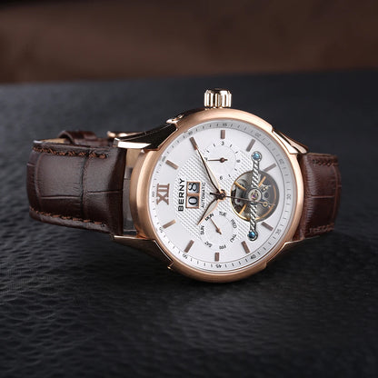 BERNY Automatic Watch for Men Auto Self-wind Mechanical Watches Date Skeleton 5ATM Luxury Male Wristwatches