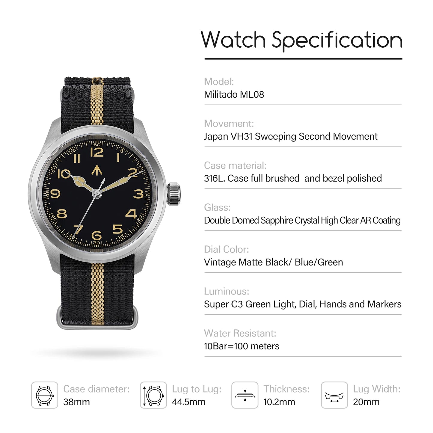 Militado ML08 Quartz Watch VH31 Movement Double Domed Sapphire Crystal Wristwatch Super C3 Green Luminous 38mm Vintage Watches